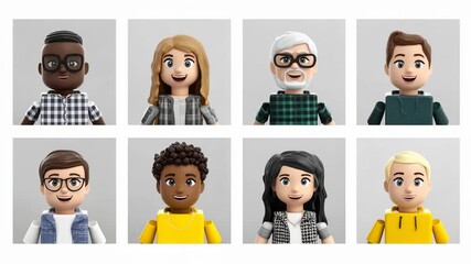 Nine expressive 3d avatars appear in virtual grid layout suggesting online meeting video conference multicultural teamwork and remote collaboration for modern communication themes - Powered by Adobe
