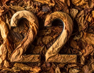 Two textured numbers "22" over a bed of dried, crinkled leaves