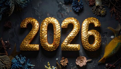 Golden "2026" with textured scales, floral accents, on textured dark surface