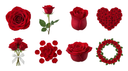 Red rose set including single blossom, long stem, bud, heart shape, bouquet, petals, and wreath isolated. Romantic floral collection for wedding and valentines day.