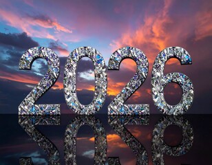 Sparkling diamond-like numbers 2026 reflect against a colorful sunset