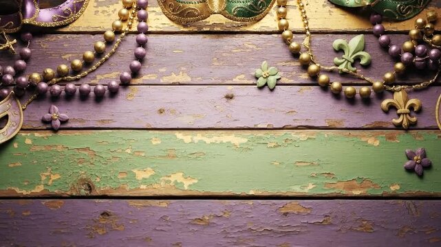 Decorative wooden surface with beads masks and fleur de lis elements