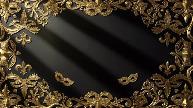 Elegant gold ornate frame with masquerade masks on dark background