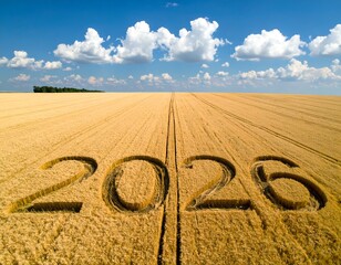 Aerial view of a wheat field with '2026' etched into the stalks