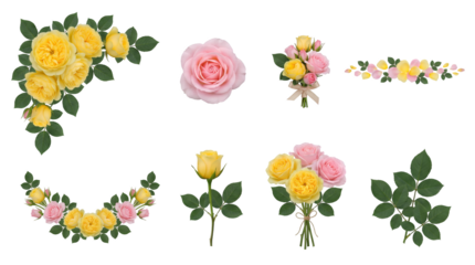 Yellow and pink rose set including bouquets, single stems, petals, and leaf arrangements isolated. Floral design elements for wedding and spring celebrations.