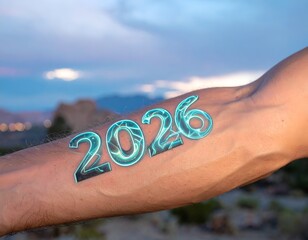 Arm with glowing digital 2026 tattoo, backdrop of outdoor scenery