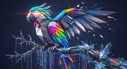 Futuristic Digital Parrot Perched on Branch, Geometric, Glitch Art, Vibrant Colors