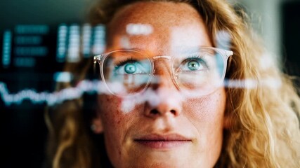 Confident businesswoman with curly hair looks at digital charts reflected on glass wall illustrating data analytics technology innovation and corporate strategy vision - Powered by Adobe