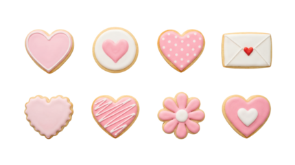 Heart sugar cookie set including envelope, flower, and polka dot designs. Valentine's day bakery and sweet dessert collection.