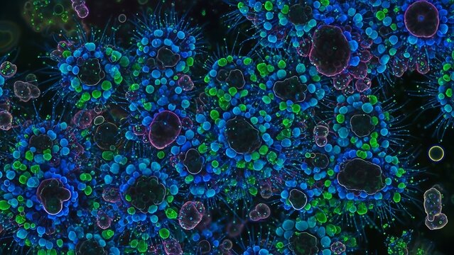 Microscopic view of virus particles. - Powered by Adobe