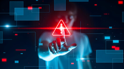 Warning sign on hand in futuristic interface