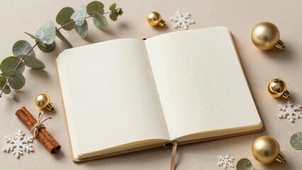 Open notebook with festive holiday decorations
