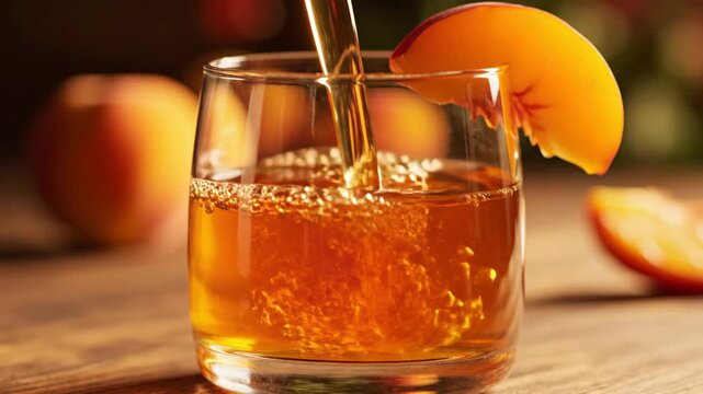 Golden peach nectar liquid cascading into a clear glass with a peach slice garnish