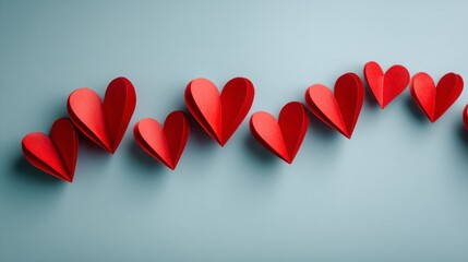 Bright red paper hearts are meticulously arranged over a calming blue backdrop, creating a playful and romantic atmosphere perfect for expressing love or celebration
