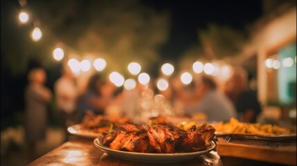 Warm outdoor dinner party roast pork barbecue friends gathering festive night ambiance stock photo