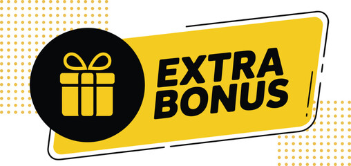 Vibrant yellow and black extra bonus rectangular label with gift icon and dotted details