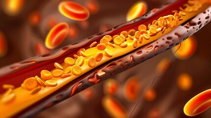 3d medical animation of artery with cholesterol particles and blood flow in heart health