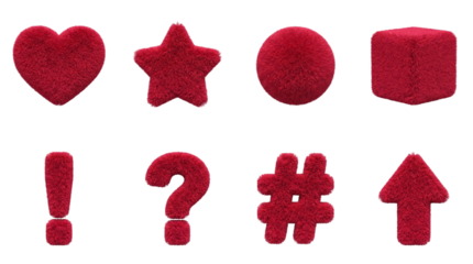 Red fluffy textured shape set including heart, star, sphere, cube, symbols, and arrow isolated. Soft tactile material element collection.