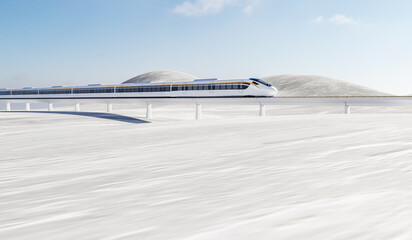 3D rendering of a high-speed train speeding across the frozen land