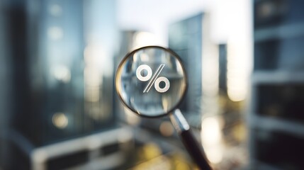 Financial growth concept percent symbol magnified against a modern city business backdrop