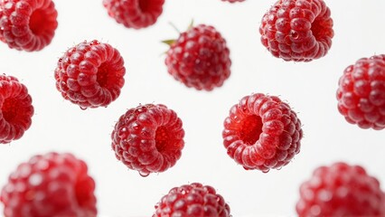 Fresh red raspberries with water droplets floating