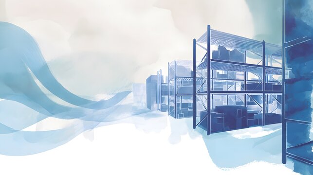 Warehouse Interior Watercolor Illustration Emphasizes Storage Capacity and Modern Industrial Design
