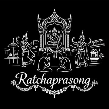 Erawan Shrine at Ratchaprasong with dancers vector illustration