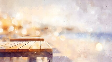 Relaxed Beach Cafe Watercolor Illustration Golden Pastels Evoke Seaside Calm and Elegant Leisure