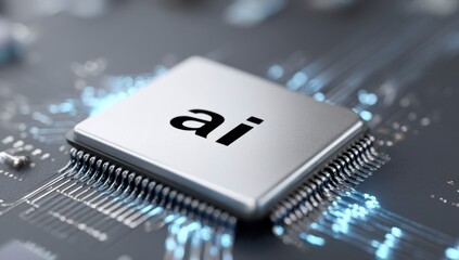 Close-up view of an ai chip on a dark gray background, showing circuitry and blue light effects with focus on the ai label