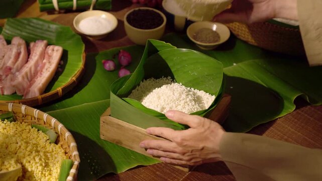 Video capturing hands folding and shaping Chung cake, emphasizing the traditional craftsmanship of Vietnamese Tet food
