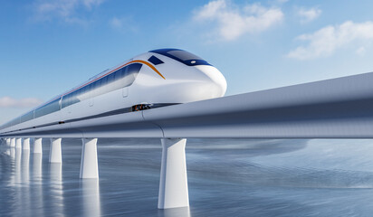 3D rendering of a high-speed train speeding across the frozen land
