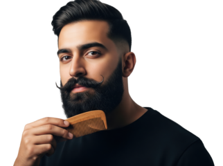 Confident Man Grooming His Beard with a Wooden Comb