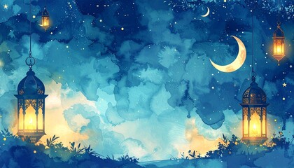 Naklejka premium Enchanting watercolor night sky with a crescent moon, twinkling stars, and warmly glowing lanterns, perfect for festive evening celebrations and magical backdrops