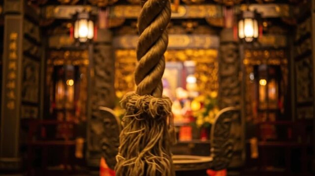 Close up of rope in ornate interior with warm lighting and decorative elements