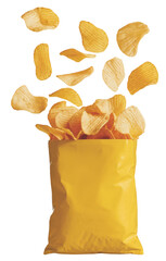 potato chips falling into yellow bag on white background.