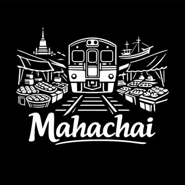 Thailand Mahachai railway market and train vector illustration