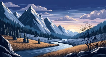 Pixel Art Mountain Landscape with River and Sunset Sky