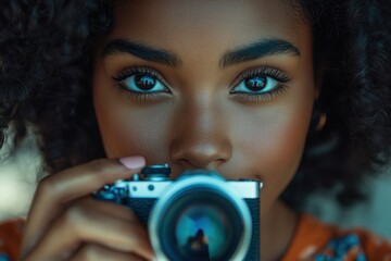 Young Black lady with beautiful curls engaged in capturing moments with her camera outdoors in natural light during a vibrant sunny day