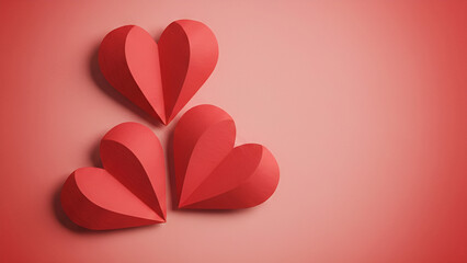 Three 3D Red Paper Hearts on Pink Background for Valentine's Day Concept
