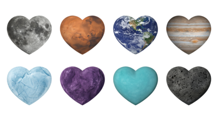 Cosmic heart set including moon, mars, earth, jupiter, ice, rock, and mineral textures isolated. Outer space and planetary science illustration collection.