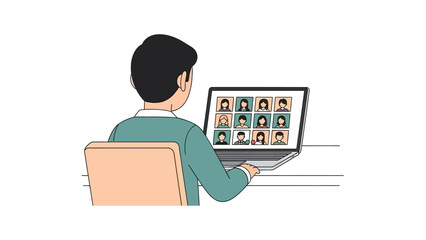 Man participating in a virtual video conference or online meeting from his home office, connecting with colleagues and remote teams via laptop