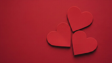 Red Paper Hearts on Textured Red Background, Minimalist Romantic Greeting Card Concept