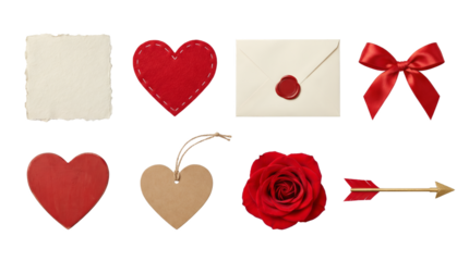 Valentine's Day stationery and decoration set including hearts, envelope, rose, ribbon bow, and arrow isolated. Romantic celebration and wedding collection.