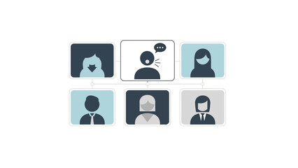 Digital illustration depicting a group of online meeting attendees, highlighting active participation and communication during a virtual video conference call among remote team members