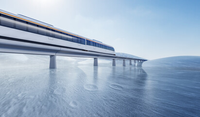 3D rendering of a high-speed train speeding across the frozen land