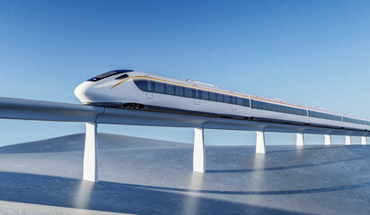 3D rendering of a high-speed train speeding across the frozen land