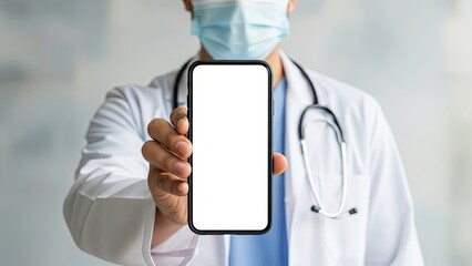 Doctor in Medical Mask Holding Smartphone with Blank Screen