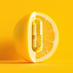 Creative lemon capsule concept showing citrus slice fused with vitamin pill, vibrant yellow background, glossy texture, modern health supplement idea, freshness, energy, minimal surreal composition.