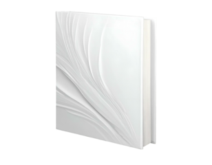 Sculptural white book with textured cover. Open to reveal pages