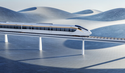 3D rendering of a high-speed train speeding across the frozen land